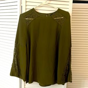 Alex Marie bell sleeve women’s olive green top with lace shoulder peep